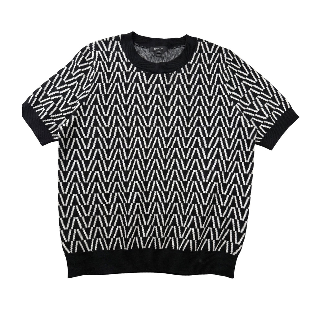 RW&CO‎ Short Sleeve Sweater Geometric Chevron Mod Dark Academia Black White M
